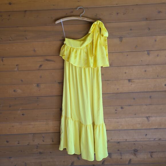 Asos Y.A.S Victoria OS Ankle Dress Lemon Yellow One Shoulder Bow S Bridesmaid - Picture 2 of 5